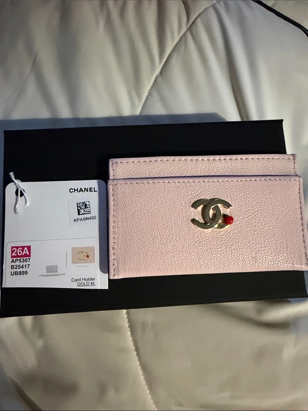 100% Authentic CHANEL Pink Card Holder with Gold CC Emblem and Apple